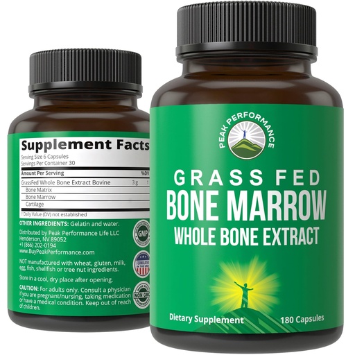 [BRSWGHD4PIHWKE3V] Peak Performance Grass Fed Bone Marrow - Whole Extract Supplement 180 Capsules - Superfood Pills Rich in Collagen, Vitamins, and Amino Acids - from Matrix Cartilage - Ancestral Tablets
