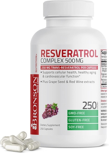 [BRSWGFAEDJYWKD3B] Bronson Resveratrol 500 Complex Standarted Trans- Resveratrol + Vynuogių sėklos ir raudonojo vyno ekstraktas, 250 kapsulių