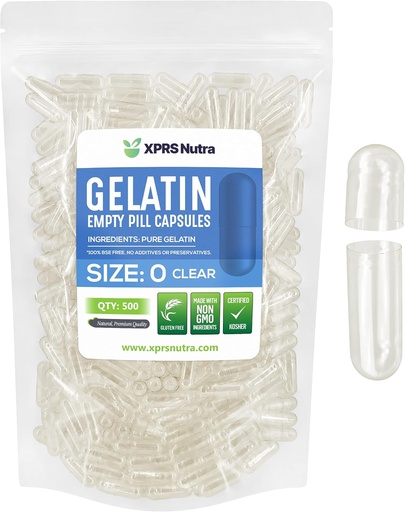 [BRSWGCAFOYPBS33L] XPRS Nutra Size 0 Empty Capsules - 500 Count Clear Empty Gelatin Capsules - Pills for DIY Capsule Filling - Fillable Pure Bovine Pill Gel Caps for DIY Supplements