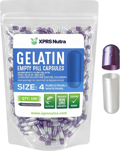[BRSWY2QNOENRYGYZ] XPRS Nutra Size 4 Empty Capsules - 100 Count Small Empty Gelatin Capsules - Pills DIY Capsule Filling - Fillable Pure Bovine Pill Gel Caps for Do-It-Yourself Supplements (Pearl Purple/White)