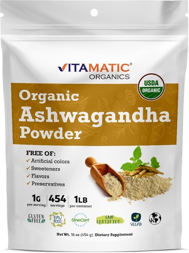 [BRSW2ED7BECAY33G] Vitamatic Certified USDA Organic Ashwagandha Powder – 1 lb (16 oz) Withania Somnifera | Ayurvedic Adaptogen for Stress Relief, Energy, Mood & Immune Support