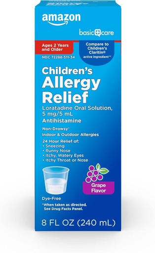 [BRSWGFIROEFQEA3J] Medicina de alerxia infantil 24 horas Loratadina solución oral 5 mg / 5 mL, antihistamina non sostenda, flavo de uva, idades 2 e máis vellas, 8 fl oz (Paque de 1)