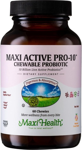 [BRSWIZQ6OB4AM2D2] Maxi Health Active Pro-10 Kids Probiotic Chewables – 15 Strains for Digestive & Immune Health –10 Billion probiotic Blend- Dairy-Free, Kosher – Supports Gut Health, Vegetarian – 60 ct (Shelf Stable)