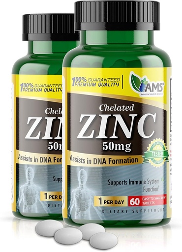 [BRSWYBQ3PIIRYHTO] America Medic & Science Chelated Zinc 50 mg Supplements (2 Pack of 60 Tablets) Immune Booster and Powerful Antioxidant Pills for Adults Men and Women | Highly Absorbable Mineral, Improves Mood & Sleep