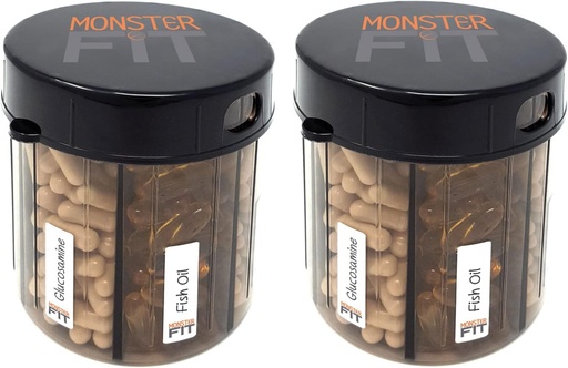 [BRSW2BIZBYFBQCDZ] Monster Supplement Medication Pill Dispenser with Compartment Labels - Extra Large Pill Container Bottle Handles Almost Any Supplement - Easy to Dispense (Monster Fit - 2 Pack)