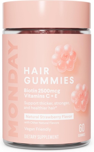 [BRSROZQ6OEIB4F3D] MAANANTAI HAIRCARE Hair Gummies 2500 mikrog Biotin, C-vitamiini & Vitiman E varten Thicker, vahvempi ja terveempi hiukset 60ct