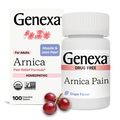 [BRSWKFAKA4NRECTC] Genexa Arnica for Pain Relief | Alleviate Muscle & Joint Pain, Soreness & Stiffness | Reduces Bruises & Swelling | Organic Grape Flavor | Homeopathic Remedy Made Clean | 100 Chewable Tablets​