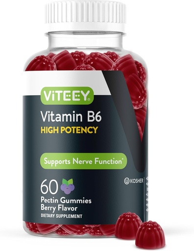 [BRSROCD5BADQMGQ4] Viteey Vitamin B6 Gummies - Energy, Nerve & Mood Support - B6 Vitamins 100mg - Vegan, Gluten Free, GMO Free - 60 Count