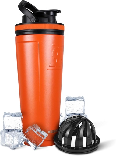 [BRSRMHT5OB5QEF3K] Ice Shaker Insulated Stainless Steel Shaker Bottle | 36oz, Orange | Cold for 30+ Hours | Insulated Cup with Twist-on Agitator | Odor-Free Bottle for Protein Shakes, Water, Smoothies, Cocktails