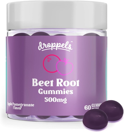 [BRSRAZIYBAPAOG3A] Droppels Beet Root Gummies with Beetroot Powder 500mg, Grape Seed Extract 300mg, Vitamin B12 & Niacin | Vegan, Pectin-Based & Non-GMO Beetroot Supplement, Apple Pomegranate Flavor, 60 Count