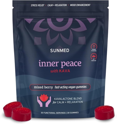 [BRSRAGITCJ4AIHLV] SUNMED Kava Gummies for Stress Relief & Deep Calm – 100mg Kavalactones per Serving – Vegan, Pacific Island Root Extract | Mixed Berry Flavor, 30 Count