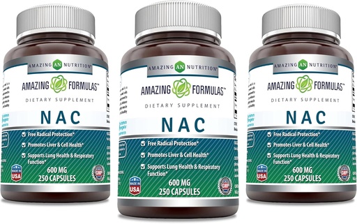 [BRSW2YL5BYMQGF3V] Amazing Formler NAC 600 Mg | N-Acetyl Cysteine Supplement | Kapsler | Ikke-GMO | Glutenfri | Laget i USA (3 Pack, 250 Count)