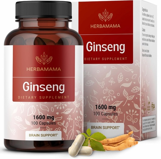 [BRSWGBT6B56RADQY] HERBAMAMA Korejas Panax Ginseng Kapsulas - 1600mg Sarkanais žeņšeņs Sakne - Vegan, Ne- GMO Korejas Sarkanais Panaks, 100 Caps
