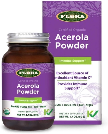 [BRSWGZAYAENRYE3A] Flora - Acerola Powder, Daily Immune Booster with Vitamin C, Gluten Free & Vegan Vitamin C Antioxidant Powder, 1.7-oz. Glass Bottle