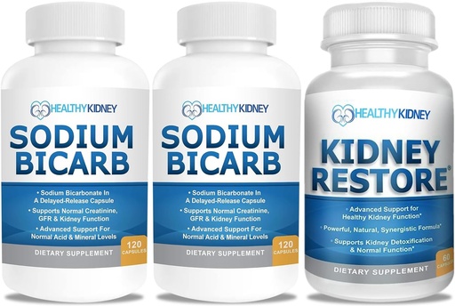 [BRSRAAD6BUDWE33K] Bicarbonato de sodio 650mg cápsulas para el alivio de ácido, Alkalinity 120 pastillas 2-Pack + Riñón Restore Kidney Cleanse y Kidney Health Suplemento, 60 caps