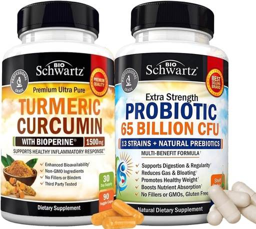 [BRSRAAANPJ5QYD3P] 65 Billion CFU Daily Probiotic Supplement (1 Month Supply) Plus Turmeric Curcumin with Black Pepper Extract 1500mg Complex (Trial Size)