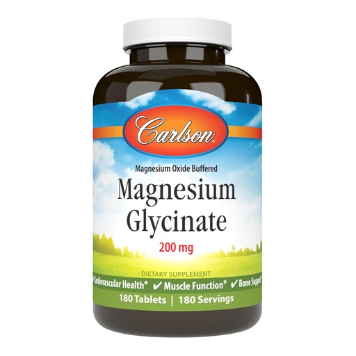 [BRSWIYYFAV5G2G3Y] Carlson Buffered Magnesium Glycinate 200 mg, High Absorption Magnesium Supplement, Supports Relaxation, Sleep & Muscle Function, 180 Tablets