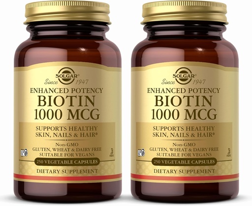 [BRSWIZ3YCMHAO3DM] Solgar Biotin 1000 mcg, 250 Vegetable Capsules (Pack of 2) - Supports Healthy Skin, Nails & Hair - Energy Metabolism - Enhanced Potency - Non-GMO, Vegan, Gluten Free, Dairy Free, Kosher - 500 Servings