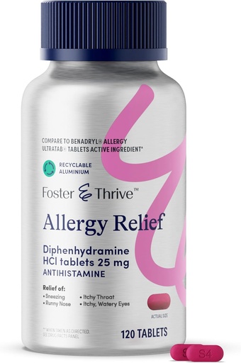 [BRSRAGIBAEMAEDLH] Foster & Thrive Diphenhydramine 25mg Allergy Relief for Seasonal Allergies, Itchy Watery Eyes, Sneezing, Runny Nose, Fast-Acting Antihistamine Medicine for Children and Adults