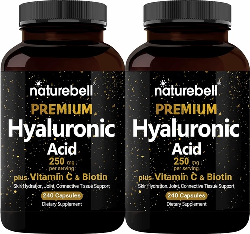 [BRSWGFILBYMQ4ETJ] NatureBell 2 Pack Planta base Suplementos de ácido hialurónico 250 mg con 25 mg Vitamina C & Biotina 5000mcg, 480 cápsulas totales tención esencial para el crecimiento del cabello, soporte conjunto, " Hidrating Skin  durable Non-GMO