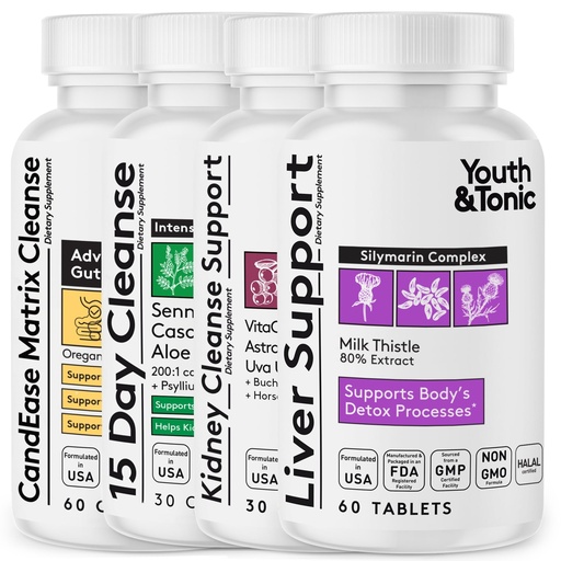 [BRSROHT2BN7AMHL4] Youth & Tonic 4X Complete Body Detox — Liver, Kidney, Colon Cleanse & Gut Support | 15 Day Full Body Cleanse & Herbal Detox | 4 Bottles, 180 Capsules | Women & Men