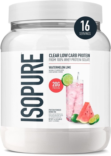 [BRSRMAAEPMFAA3LD] Isopure Clear Whey Isolaat Proteïne Poeder, Lactosevrij, Glutenvrij, Natuurlijk Gearomatiseerd, Watermeloen Lime, 20g Proteïne Per Serving, 14,1 Oz, 16 Servers (Verpakking mei Vary)