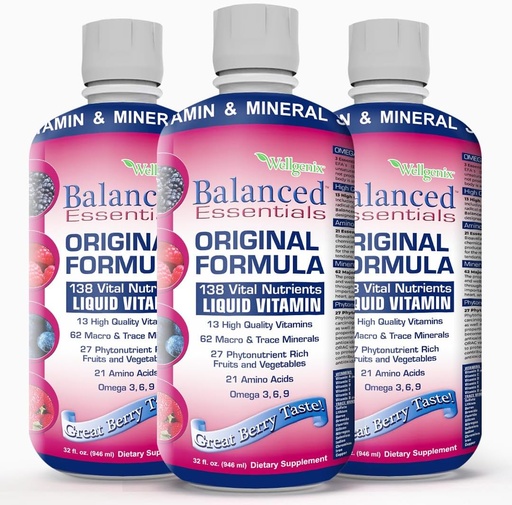 [BRSWIBT2OR7WE2LU] Wellgenix Balanced Essentials Plus New Formula - Liquid Vitamin - Complete Multivitamin Supplement - 1oz Daily - Immune Boosting & Overall Health - Adults, Kids, Toddlers - Berry Flavor 32oz (3)