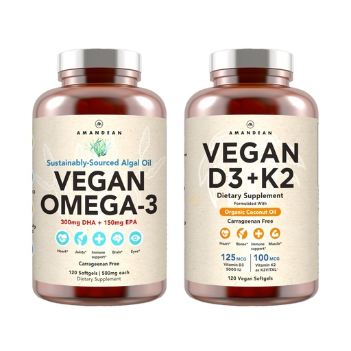 [BRSW2HANDJYA2CLP] Vegan Powerhouse Combo. Omega-3 from Algal Oil & Vitamin D3 + K2. Plant-Based 5000 iu VIT D from Algae. 100 mcg All-Trans MK-7 Vita K. Carrageenan Free Veggie Softgels.