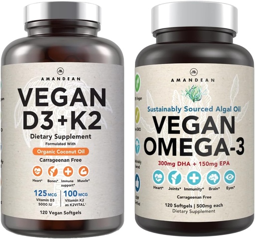 [BRSW2HANDJYA2CLP] Vegan Powerhouse Combo. Omega-3 from Algal Oil & Vitamin D3 + K2. Plant-Based 5000 iu VIT D from Algae. 100 mcg All-Trans MK-7 Vita K. Carrageenan Free Veggie Softgels.