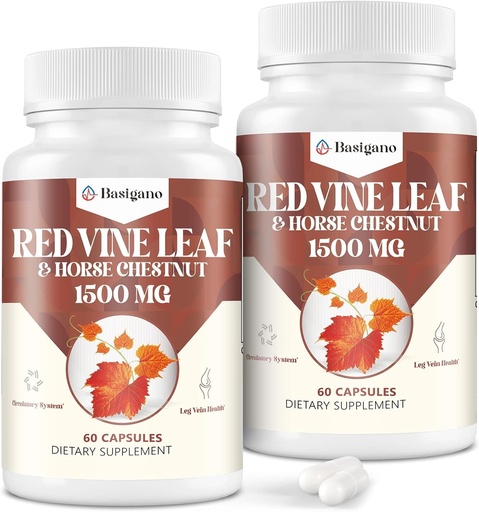 [BRSRAYD3OEDQECLO] Red Vine Leaf & Horse Chestnut Extract Capsule Supplements (Vitis Vinifera) 1500mg -Premium Extract for Healthy Veins, Circulation, Heart, Skin (2 Pack)