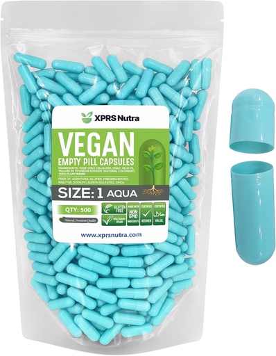 [BRSW2YABPMMRYHQ3] XPRS Nutra Size 1 Empty Capsules - 500 Count Empty Vegan Capsules - Vegetarian Pills DIY Vegetable Capsule Filling- Veggie Pill Caps for Do-It-Yourself Supplements (Aqua)
