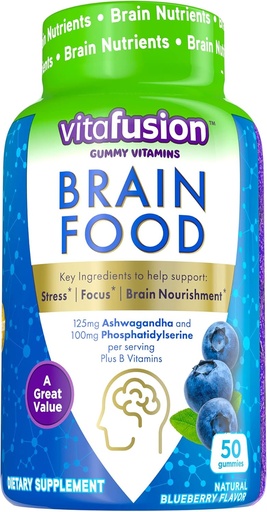 [BRSWYBILBUMWAYD2] Vitafusion Brain Food Gummy Supplement: 125mg Ashwagandha, 100mg Phosphatidylserine per Serving, B Vitamins, 50ct (25 Day Supply), Blueberry Flavor from America’s Number One Gummy Vitamin Brand