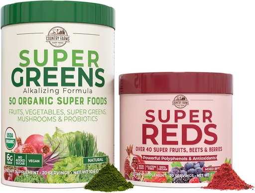 [BRSROHDYCMPB6YAV] RIIK FARMS Essential Pack, Super Greens Powder ja Super Reds, pakendatud 50 orgaanilist supertoitu ja 40 Super Fruits, Natural Energy, Bloating Support, Maitsestamata ja Berry Maitse, 17,7 oz, 2 Pack