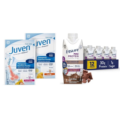 [BRSROCQPOUNQEHQ3] Juven Therapeutic Nutrition Drink Mix Powder for Wound Healing Support, Includes Collagen Protein & Ensure Max Protein Milk Chocolate Nutrition Shake, 30g Protein, 1g Sugar, 4g Comfort Fiber Blend
