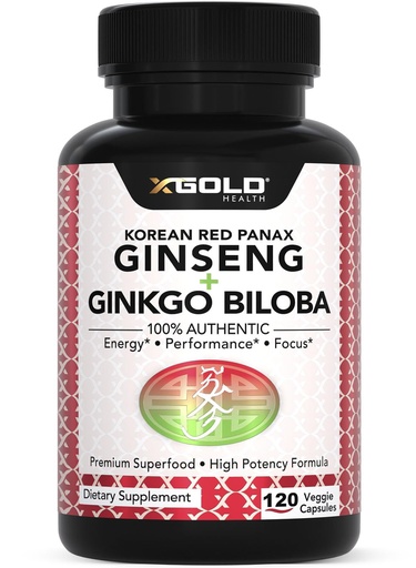 [BRSW2ZLYAUGRA2QV] X Gold Health Korean Red Panax Ginseng + Ginkgo Biloba 7% Ginsenosides Extra Strength Energy, Memory, Focus & Brain Support Premium Supplement for Men & Women Non-GMO, 120 Vegan Capsules
