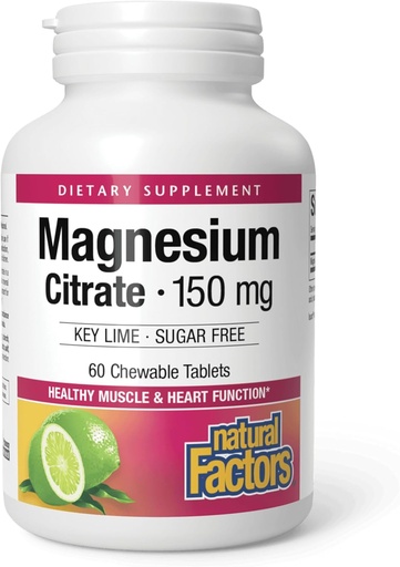 [BRSWYFT3C4MGOE3D] Natural Factors Magnesium Citrate, 150 mg, Chewable Tablets, Supports Nerve, Muscle and Heart Function, Key Lime, Sugar Free, 60 Count