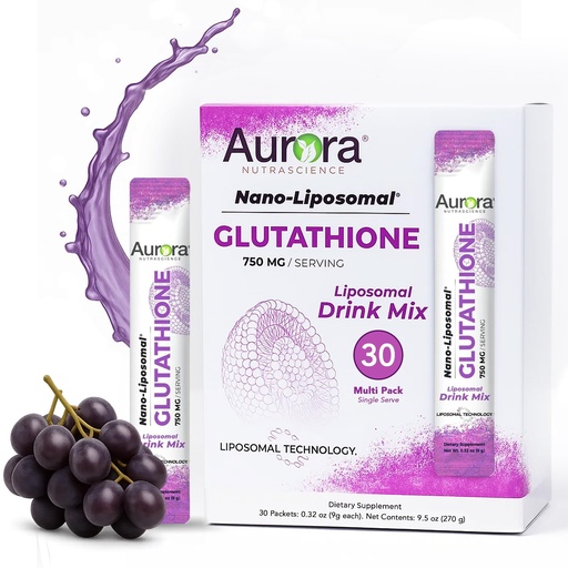 [BRSROC32CAGR6HTD] Aurora Nutrascience Nano-Liposomal Glutathione Drink Mix - 750 mg Liposomal Glutathione Supplement, Antioxidant & Immune Support for Men & Women, Sugar-Free, Non-GMO - 30 Single Serve Packets, Grape