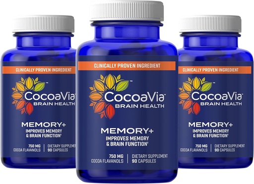 [BRSWYFIZCN4A4AIZ] CocoaVia Memory+ 脳サプリメント, 90 日, 750 mg ココアフラバノール, メモリ & 脳ブースター, ビーガン, 植物ベース, グルテンフリーグルテン, 270 カプセル