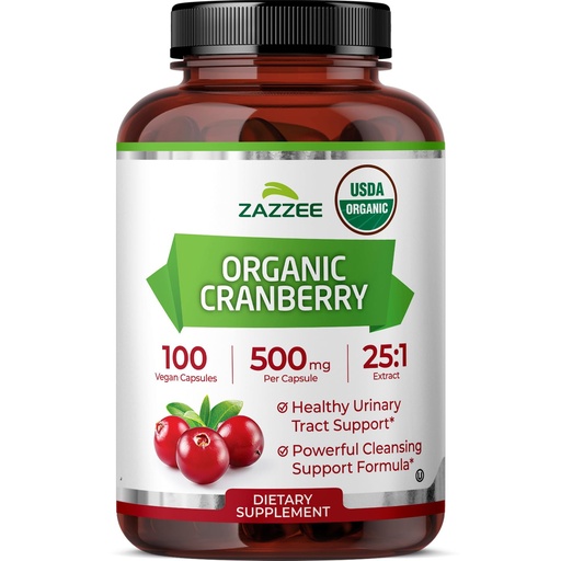 [BRSWGGQHOYBBGE32] Zazzee USDA Organic Cranberry 25:1 Extract, 500 mg per Capsule, 100 Vegan Capsules, 3+ Month Supply, Certified Kosher, Vaccinium Macrocarpon, Urinary Tract & Bladder Support, Non-GMO, Made in the USA
