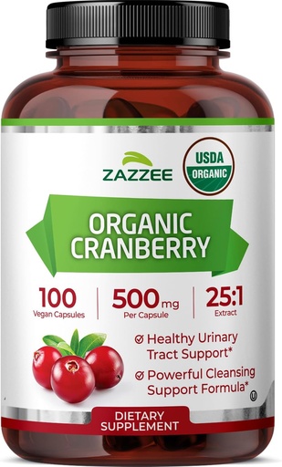[BRSWGGQHOYBBGE32] Zazzee USDA Organic Cranberry 25:1 Extract, 500 mg per Capsule, 100 Vegan Capsules, Over 3 Month Supply, Standardized, Concentrated 25X Extract, 100% Vegetarian, Certified Organic, Non-GMO All-Natural