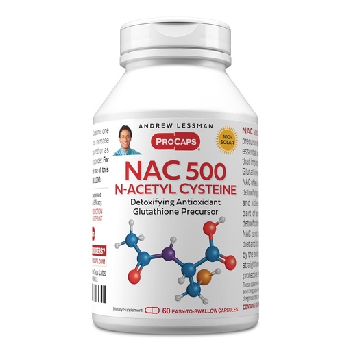 [BRSWI2QGBZ4ACH3M] ANDREW LESSMAN NAC-500 N-Acetyl Cysteine 60 Capsules - Helps Combat Daily Onslaught of Damaging Free Radicals, Protects Brain, Heart, Lungs, Liver, Kidneys. Detoxifying Anti-oxidant. No Additives