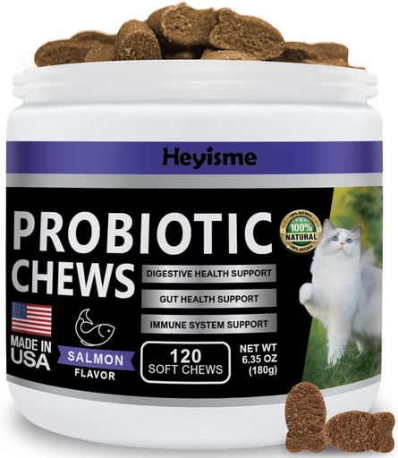 [BRSROBI5DMCGAAAY] Cat Probiotic, Chews for Gut and Immune Health, Cats Probiotic Supplement for Cat Digestive Support, Healthy Digestion, Cat Constipation and Diarrhea Relief (120 Pills, Salmon)
