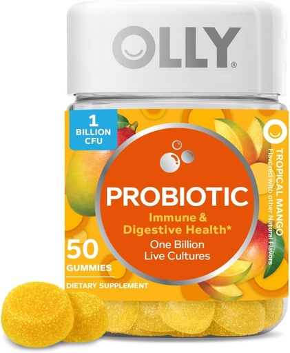 [BRSWKYA3AYBRAADG] OLLY Probiotic Gummy, Immune and Digestive Support, 1 Billion CFUs, Chewable Probiotic Supplement, Mango, 25 Day Supply - 50 Count