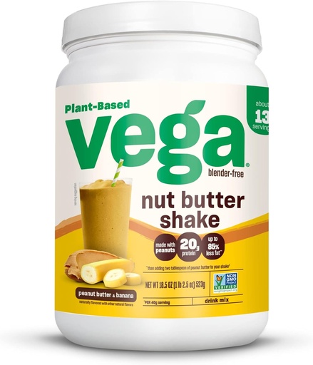 [BRSRMBAZCN7Q2CI6] Vega Nut Butter Shake, Peanut Butter & Banana - Vegan Protein Powder, 20g Protein, Real Food Ingredients, No Added Sugar, 1.39 lbs