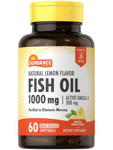 [BRSWKYYHB4MQEGD6] Sundance Fish Oil Omega 3 Supplement | 1000mg | 60 Softgels | with EPA & DHA | Natural Lemon Flavor | Non-GMO and Gluten Free