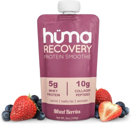 [BRSWYZT4BYOQ433X] Huma Recovery Protein Smoothie, 6 Pouches – 15g Collagen + Whey Post Workout Recovery Drink – Ready-to-Drink Protein Shake with Real Fruit, Electrolytes, Healthy Fats