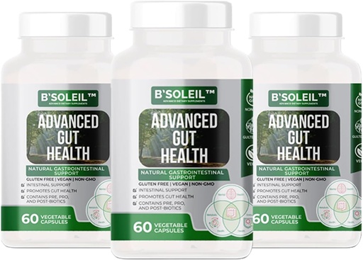 [BRSRAZQ3AF6RECA3] B’Soleil™ Pack of 3 Advanced Gut Health Probiotics - Pre, Pro & Post Biotics - Natural Gastrointestinal Support - Gluten Free, Vegan & Non-GMO - 25 Billion CFU - 60 Capsules in Each Pack