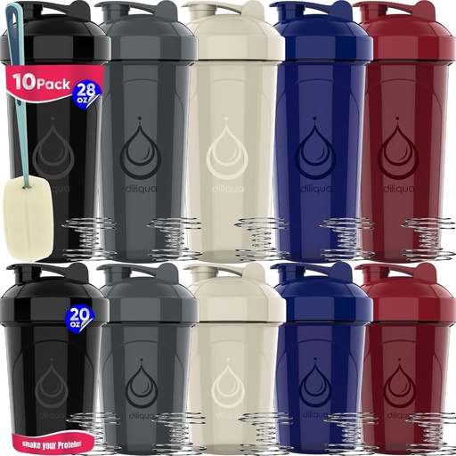 [BRSW2BAOBECQKA3G] 10 PACK- Shaker Bottles with Wire Whisks for Protein Mixes | Leakproof Blender Shaker Bottle Pack | BPA-Free & Dishwasher Safe | 5 Large 28 oz & 5 Small 20 oz Shaker Bottle | Cups for Shakes