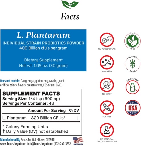 [BRSWYH34AB5AYFLO] Foods For Gut Lactobacillus Plantarum Probiotic Powder 400 Billion cfu's | Made in USA | No Additives | Direct from Manufacturer | No Third-Party Storage | Immune Support | 30 Grams (1.05 Oz)