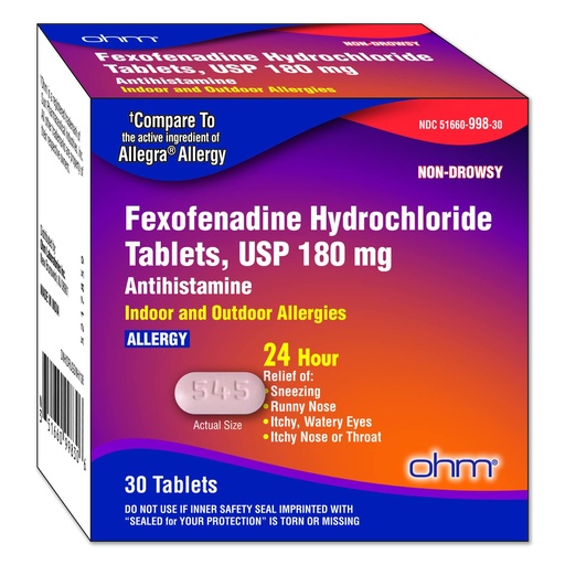 [BRSRMEABOUIREE3F] Ohm Non-Drowsy Fexofenadine Antihistamine Indoor Outdoor Allergy Relief Tablets 30ct